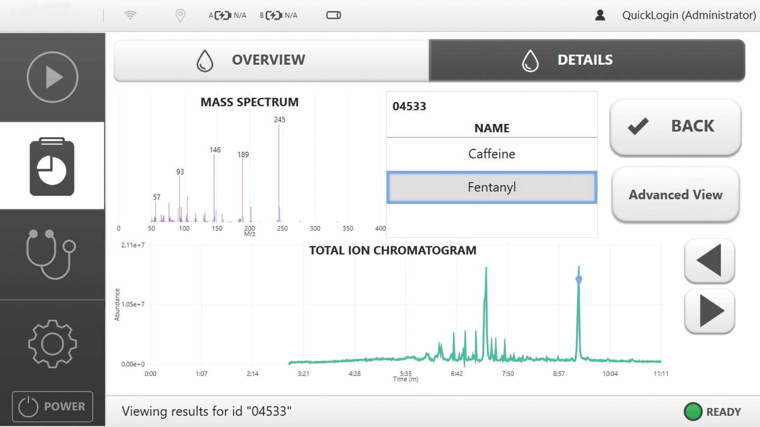 Figure 5: GSS Touch results of the analysis of an unknown powder, identifying the presence of Fentanyl and Caffeine